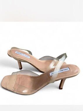 Chelsea & Violet Nude Clear Strap Kitten Heel Mules